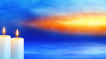 Wall Mural - peaceful sunset with two white candles in soft colorful background