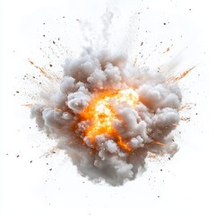 Wall Mural - Fiery explosion with smoke and debris isolated on white background. (1)