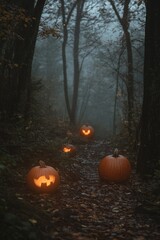 Canvas Print - Path with carved pumpkins in woods