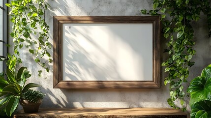 Aufkleber - Wooden frame with hanging green plants vines and foliage against a rustic concrete wall backdrop illuminated by natural daylight  Cozy and inviting indoor nature inspired decor for home or office