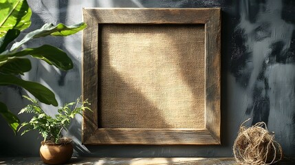 Poster - Wooden frame with lush green foliage and natural shadows creating a serene and tranquil atmosphere for interior design nature photography or contemplative art