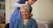 © AchillesReel25/peopleimages.com - House, brushing hair and senior woman with nurse, smile and help with grooming routine. Medical, professional and mature person with dermatology, elderly care and beauty with retirement and pensioner