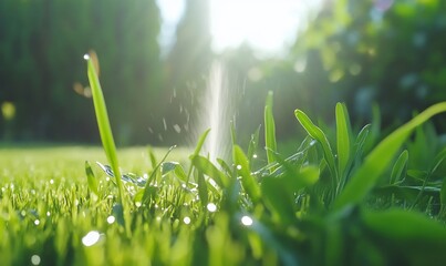 Wall Mural - Sunny day sprinkler watering grass, garden background