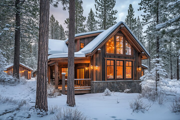 Wall Mural - A cozy cabin in the snow, with warm light glowing from the windows, surrounded by pine trees, peaceful and serene