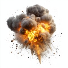 Poster - Fiery explosion with smoke and debris isolated on white background. (5)