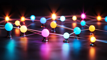 Wall Mural - abstract network concept with glowing colorful spheres interconnected by thin lines, reflecting on a