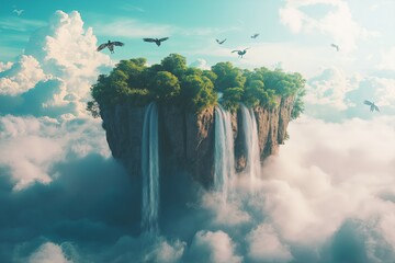 Wall Mural - A floating island with waterfalls cascading into the clouds, surrounded by flying creatures