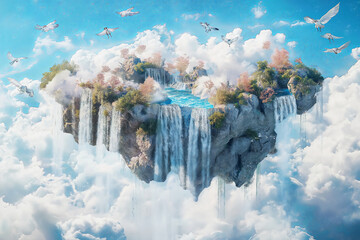 Wall Mural - A floating island with waterfalls cascading into the clouds, surrounded by flying creatures