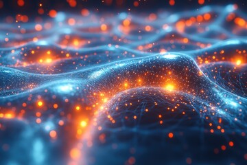 Poster - Vibrant abstract wave of glowing particles, illuminating a digital landscape with shimmering lights. Perfect for showcasing innovation and modernity.