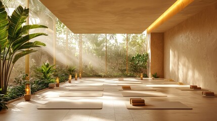 a hotel wellness center with a relaxing ambiance, yoga mats, and bright natural light.