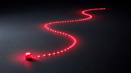 Wall Mural - Red sphere at the beginning of a glowing red trail, curving across a dark surface. The path is made of small, illuminated dots. Dark background