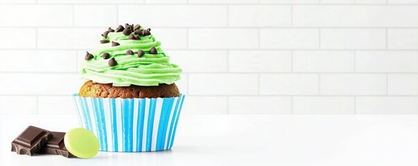 A colorful cupcake with green frosting and chocolate sprinkles sits beside a piece of chocolate on a clean white background.