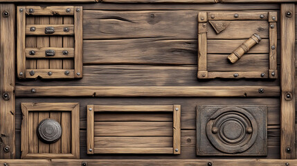 Wall Mural - wooden game ui design elements for videogame menu. cartoon vector illustration set of wood texture p