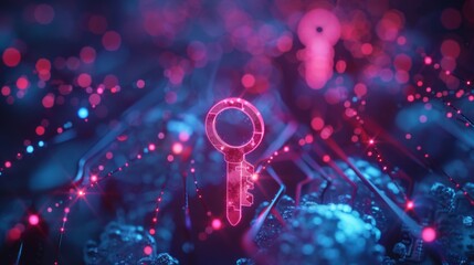 Leinwandbilder - A glowing key symbol stands out amidst a backdrop of abstract digital elements, emphasizing the importance of cybersecurity and privacy in modern technology.