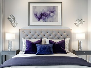 Wall Mural - Bed with Purple and White Pillows