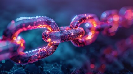 Poster - Close up view of colorful digital chain links that symbolize connections in technology. The vibrant hues create a mesmerizing effect against a dark background, highlighting innovation.