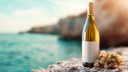 This delightful image portrays a bottle of white wine elegantly positioned against a scenic background of ocean and cliffs, evoking feelings of relaxation and indulgence.