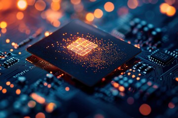 Wall Mural - close up of a microchip illuminated by glowing particles, showcasing technology, innovation, and dig