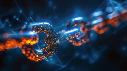 Poster - Glowing links of a chain are interconnected, symbolizing secure connections in a digital landscape, showcasing vibrant colors and intricate designs in a futuristic style.