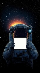 Wall Mural - astronaut showing blank tablet screen in outer space