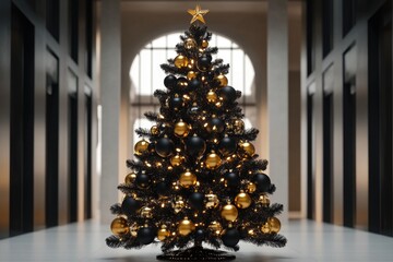 Sticker - Black Christmas Tree with Gold Ornaments