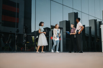 Wall Mural - A group of multicultural business people engage in a casual meeting outside in an urban setting. They are discussing work while holding notebooks and documents, showcasing diversity and collaboration.