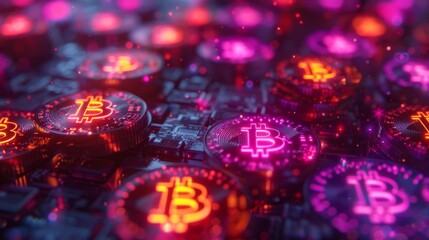 Aufkleber - Colorful bitcoin symbols shine brightly against a dark, tech inspired background, illustrating the dynamic world of cryptocurrency in a futuristic setting.