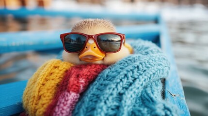 A cute duckling sporting sunglasses and wrapped snugly in a colorful scarf sits on a blue bench, radiating charm and whimsical style in a serene outdoor setting.