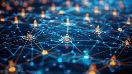 Poster - A vibrant digital network displays various nodes connected by lines, illustrating the flow of information with bright indicators. This representation highlights communication dynamics.