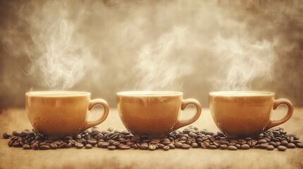 Canvas Print - Three steaming cups of coffee on a bed of coffee beans, warm sepia tones, rustic setting. Perfect for a cozy morning feel