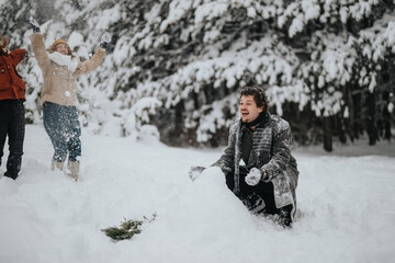 Poster - Three friends playing gleefully in the snow surrounded by a snowy forest. They are happy and enjoying the winter scene, showcasing friendship, outdoor fun, and the joy of the season.