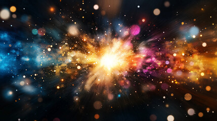 Wall Mural - Cosmic Collision: A vibrant explosion of color and light, reminiscent of a celestial event or a burst of creative energy.  The image features a dramatic interplay of blues, oranges, and pinks.