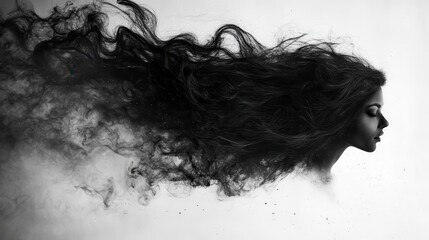 Wall Mural - Monochromatic portrait of a woman, her hair dissolving into a dark, smoky cloud against a white background. The image evokes a feeling of