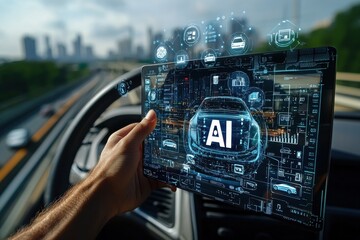 Wall Mural - A person is holding a tablet with a car on it and the word AI written on it