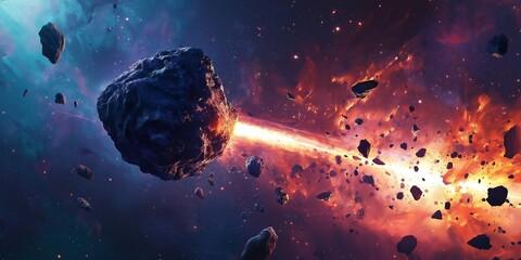 Wall Mural - massive asteroid is exploding in deep space, creating a trail of debris and hot fire, illustrating t