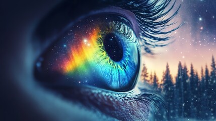 Wall Mural - Eye reflecting colorful nebula and snowy forest at sunset