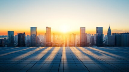 Poster - Featuring an empty square floor and a stunning modern city skyline, showcasing buildings bathed in the warm glow of sunrise. Capturing a vibrant, colorful sky from a skyscraper rooftop perspective