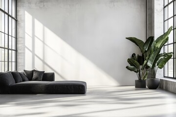 Poster - Sunlit minimalist loft interior with sectional sofa, large plant, and expansive windows.