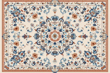 Naklejka na meble Traditional oriental carpet with a vibrant color palette, detailed motifs, and rich textures. A perfect decorative textile background featuring Persian-style elements and a vintage charm.

