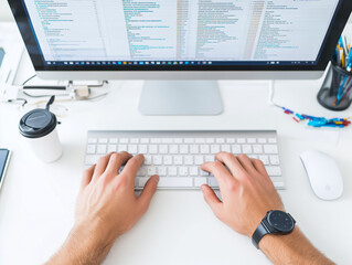 High angle view at software developer writing code while using computer and data systems in office