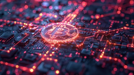 Aufkleber - Intricate circuitry features a glowing Bitcoin symbol, highlighting the intersection of technology and finance, set against a dark background with vibrant red tones.