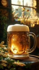 Wall Mural - Refreshing mug of beer resting on wooden barrel in cozy tavern