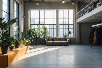 Poster - Sunlit industrial loft interior with sofa, plants, and clothing rack.