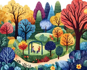 Wall Mural - A hand-drawn crayon illustration of a lively park with trees, grass, and a cheerful atmosphere, reflecting childlike creativity and joy.