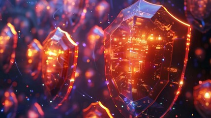 Fototapete - Futuristic digital shields hover in a dark environment, illuminated by warm orange light, revealing intricate designs and reflections of a vibrant city skyline.