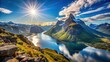 © Praphunsak - Fjelltoppen med himlen og fjorden i bakgrunn, med en bl? sky og lysende sollys