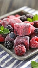 Wall Mural - Frosted mixed berries, mint-infused ice cubes scattered on metallic surface with striped textile backdrop