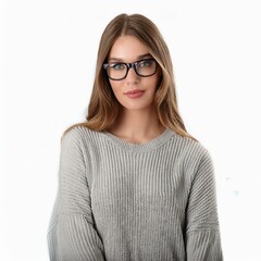 Wall Mural - beautiful woman, green eyes, glasses, knitted sweater, AI genera