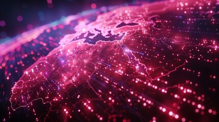 Fototapete - Vivid digital visualization showcases the map of Europe illuminated with bright pink and purple hues, highlighting interconnected network paths and data flows.