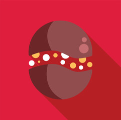 Wall Mural - Round chocolate cookie opening, showing filling cream with colorful sprinkles, isolated vector illustration on solid red background